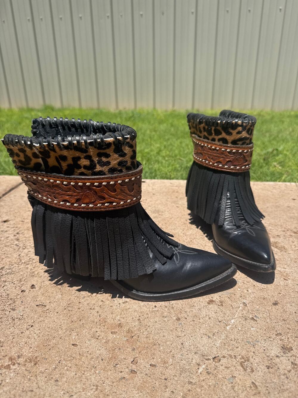 Justin Boots Black Fringe Ankle Booties with Leopard & Brown Strap